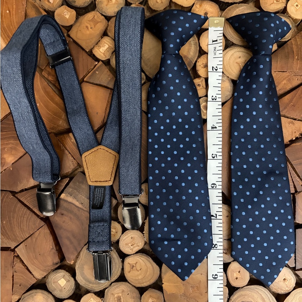 Baby Toddler Navy Blue Matching Polka Dot Ties and Suspenders Siblings Set